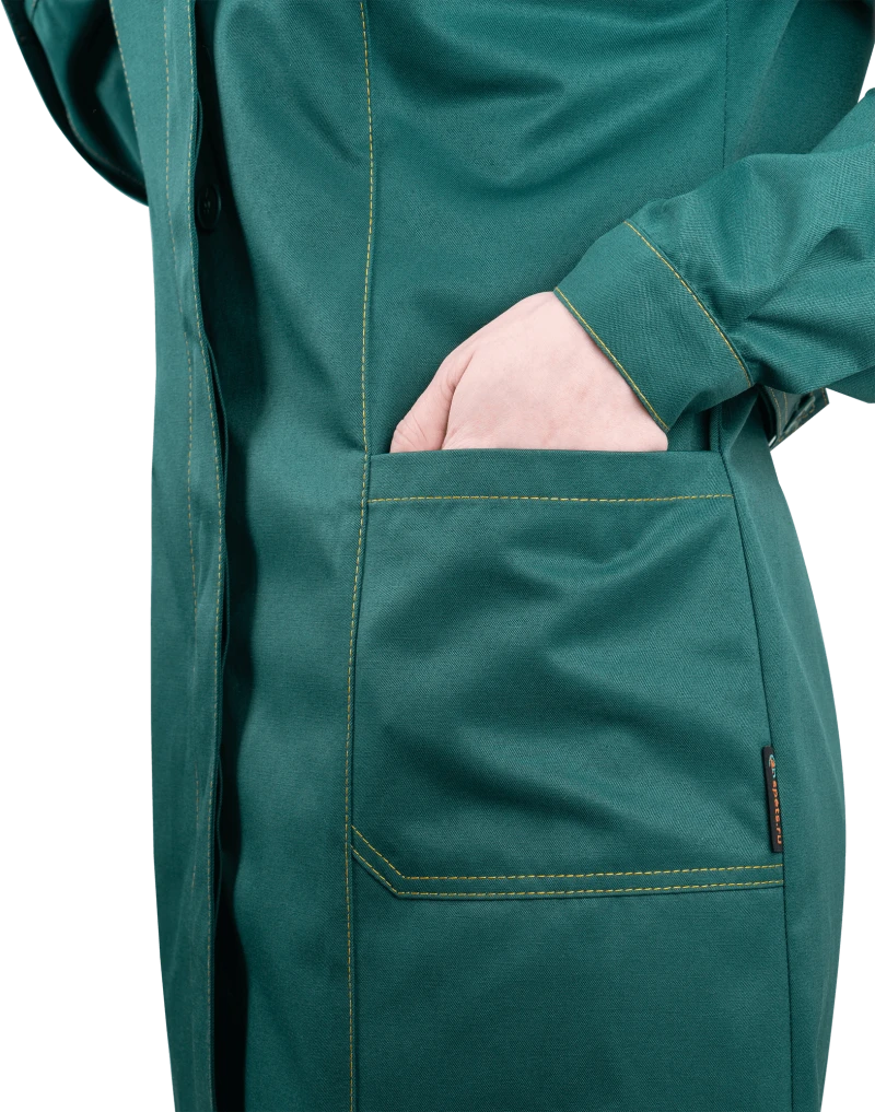 Халат женский КМ-10 ЛЮКС от механических воздействий и ОПЗ, зеленый/желтый Хал 742