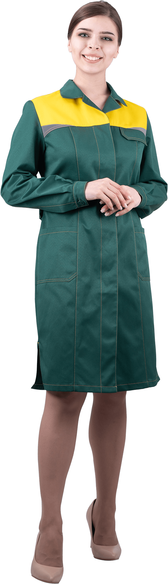 Халат женский КМ-10 ЛЮКС от механических воздействий и ОПЗ, зеленый/желтый Хал 742