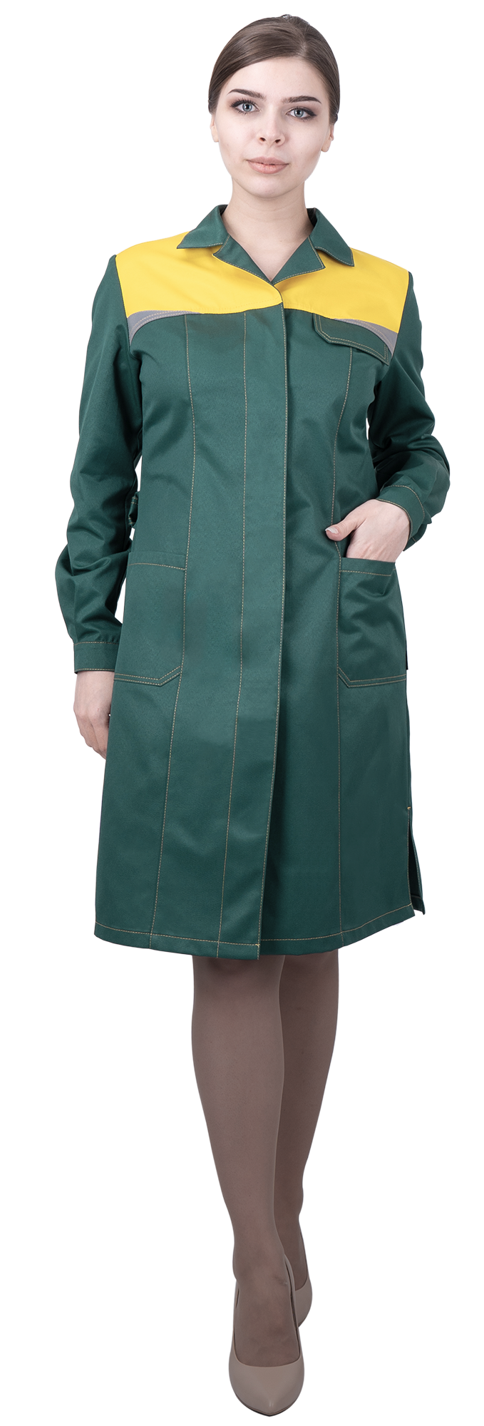 Халат женский КМ-10 ЛЮКС от механических воздействий и ОПЗ, зеленый/желтый Хал 742