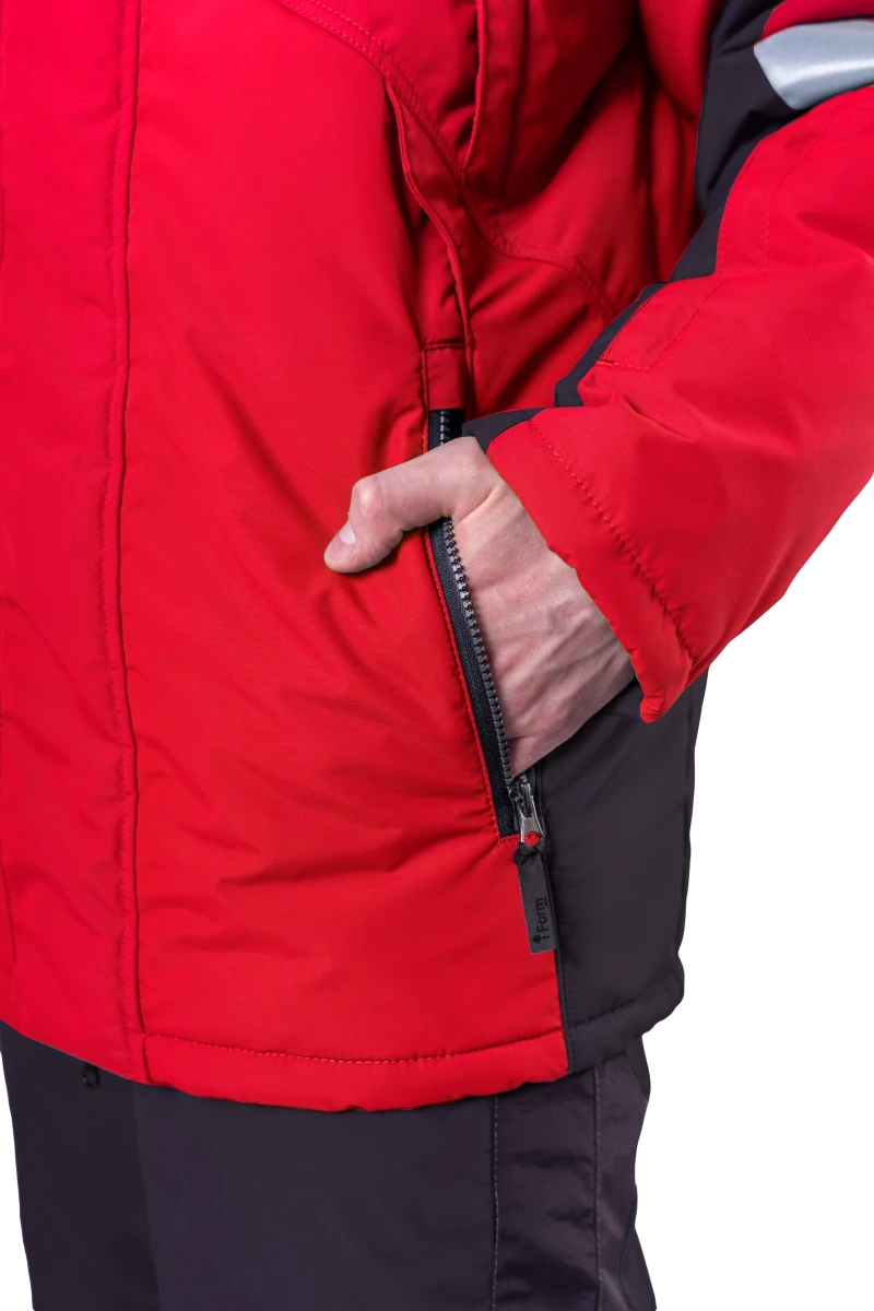 Куртка мужская ХАЙ-ТЕК SAFETY от пониженных температур воздуха и ветра, механических воздействий и ОПЗ, красный/черный Кур 215