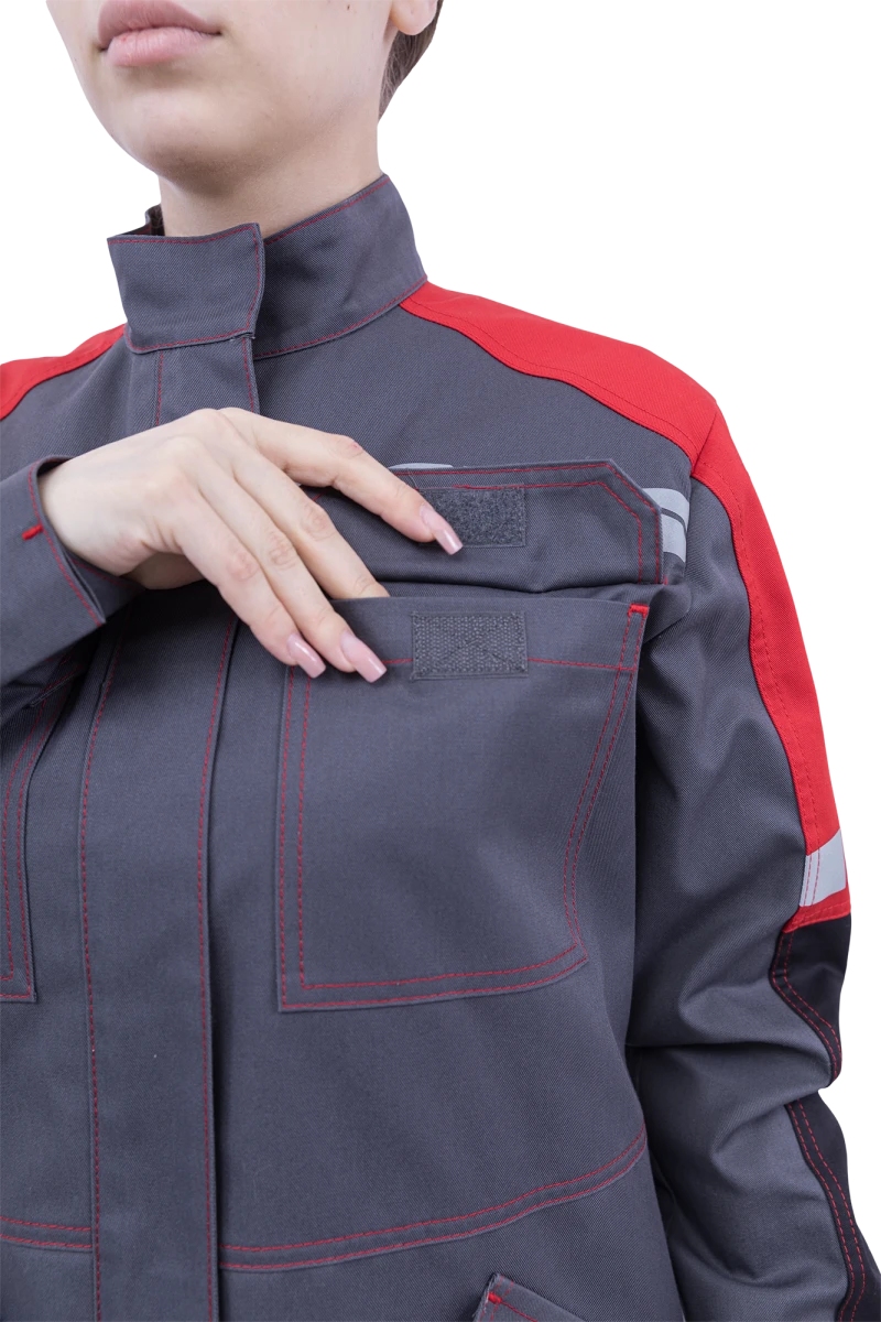 Куртка женская ХАЙ-ТЕК SAFETY от механических воздействий и ОПЗ, серый/красный/черный Кур 421